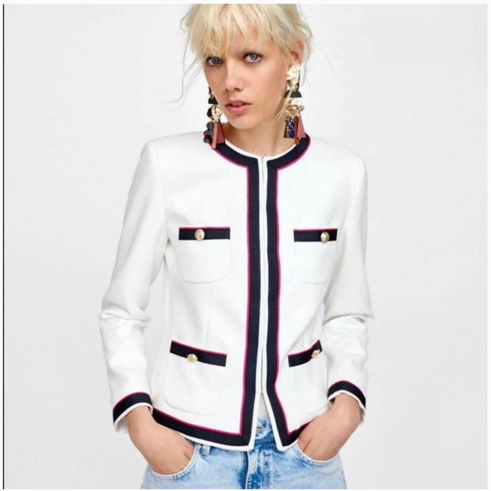 Zara White Blazer with Navy / Pink Contrasting Trim S